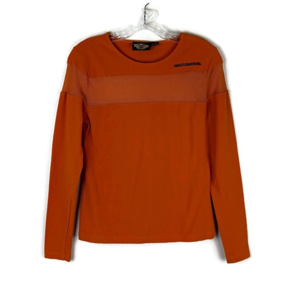 Harley-Davidson Scoop Neck Mixed Media Mesh Long Sleeve Top in Orange